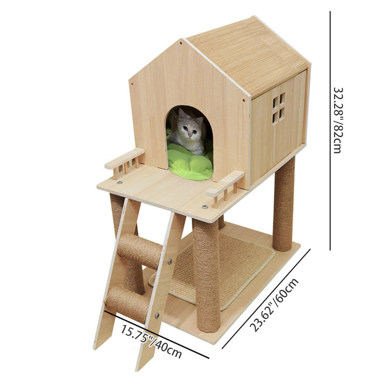 Arbre à chat contemporain scandinave rectangulaire à plusieurs niveaux en panneaux de bois massif et corde de chanvre, 2 niveaux pour salon 