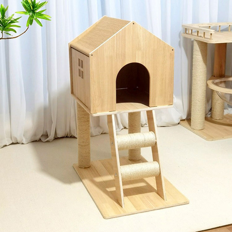 Arbre à chat contemporain scandinave rectangulaire à plusieurs niveaux en panneaux de bois massif et corde de chanvre, 2 niveaux pour salon 