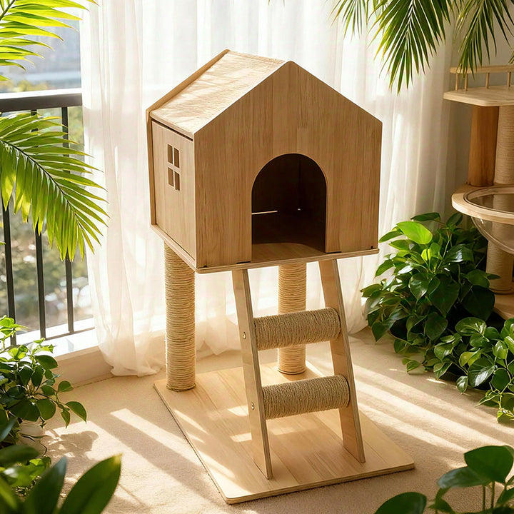 Arbre à chat contemporain scandinave rectangulaire à plusieurs niveaux en panneaux de bois massif et corde de chanvre, 2 niveaux pour salon 