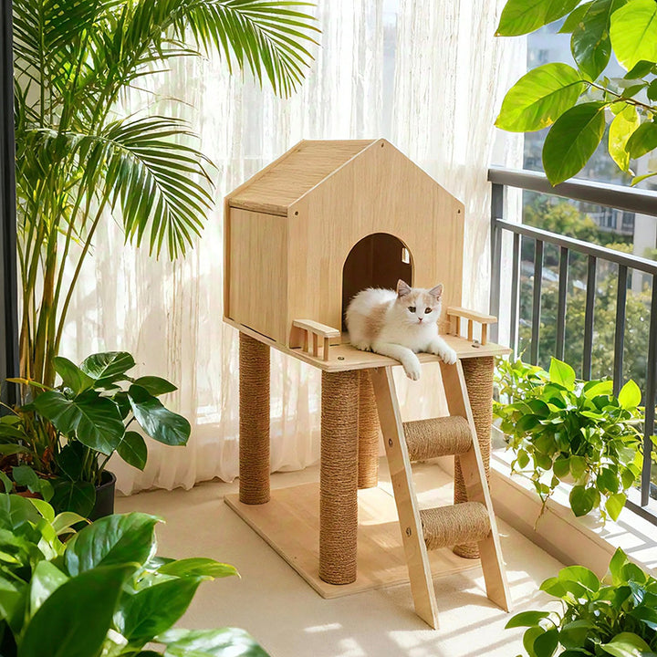 Arbre à chat contemporain scandinave rectangulaire à plusieurs niveaux en panneaux de bois massif et corde de chanvre, 2 niveaux pour salon 