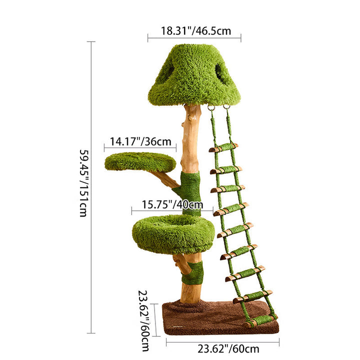 Arbre à chat contemporain créatif rond en panneau de particules en bois fruitier naturel, sisal et tissu velours, 4 niveaux pour salon 