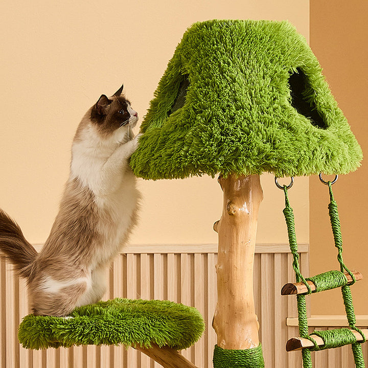 Arbre à chat contemporain créatif rond en panneau de particules en bois fruitier naturel, sisal et tissu velours, 4 niveaux pour salon 
