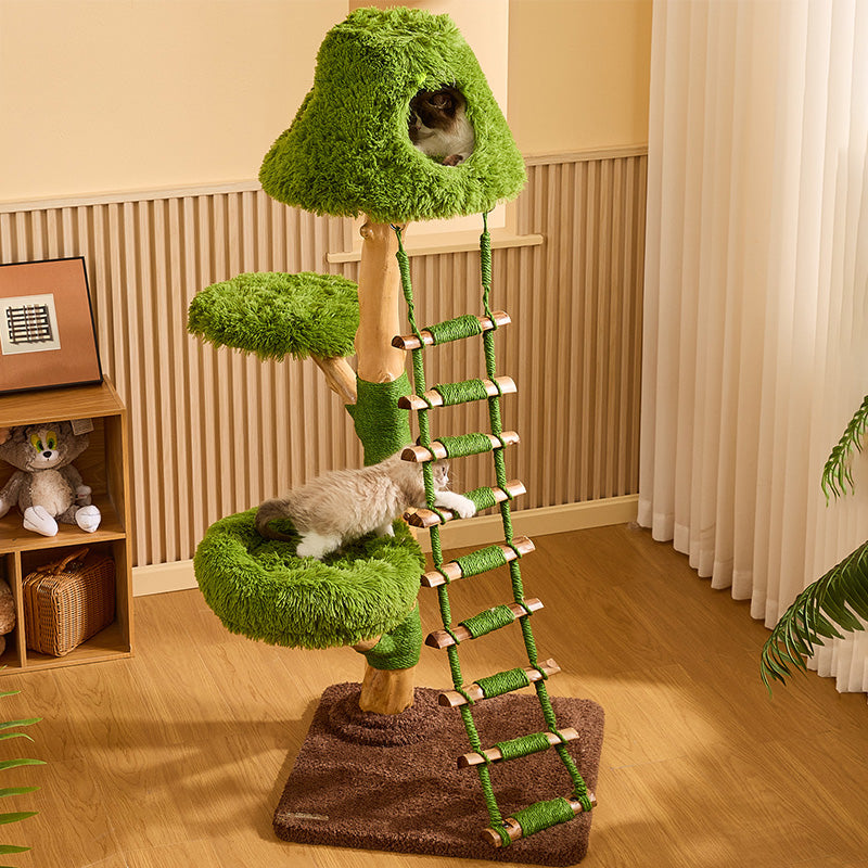 Arbre à chat contemporain créatif rond en panneau de particules en bois fruitier naturel, sisal et tissu velours, 4 niveaux pour salon 