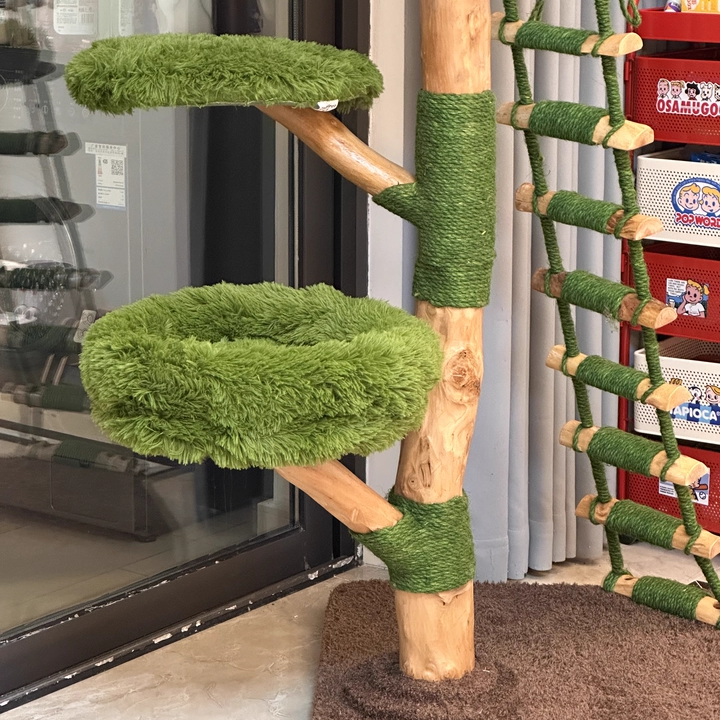Arbre à chat contemporain créatif rond en panneau de particules en bois fruitier naturel, sisal et tissu velours, 4 niveaux pour salon 