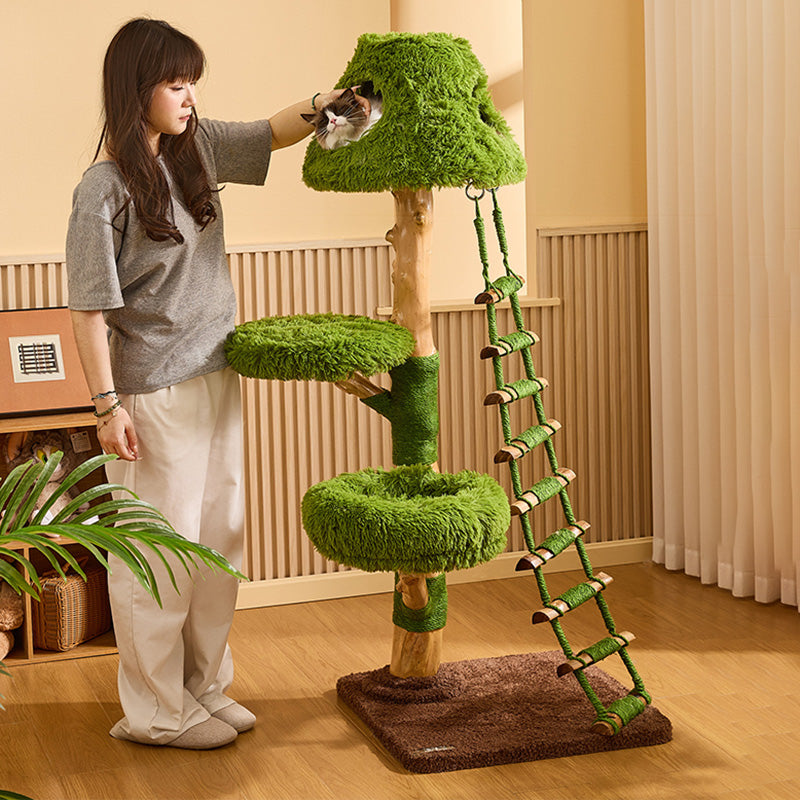 Arbre à chat contemporain créatif rond en panneau de particules en bois fruitier naturel, sisal et tissu velours, 4 niveaux pour salon 