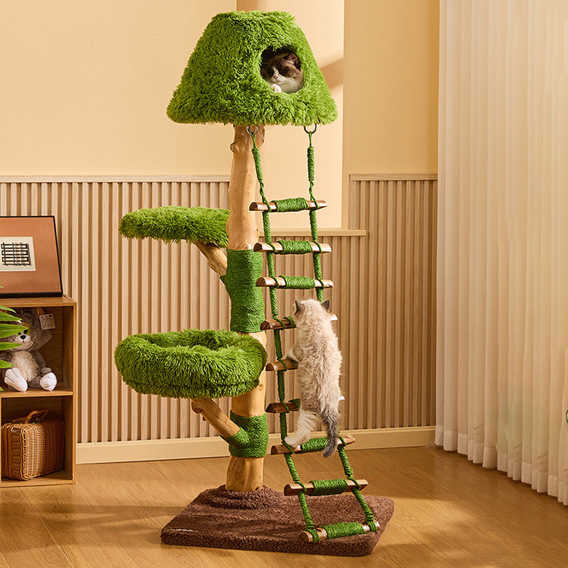 Arbre à chat contemporain créatif rond en panneau de particules en bois fruitier naturel, sisal et tissu velours, 4 niveaux pour salon 