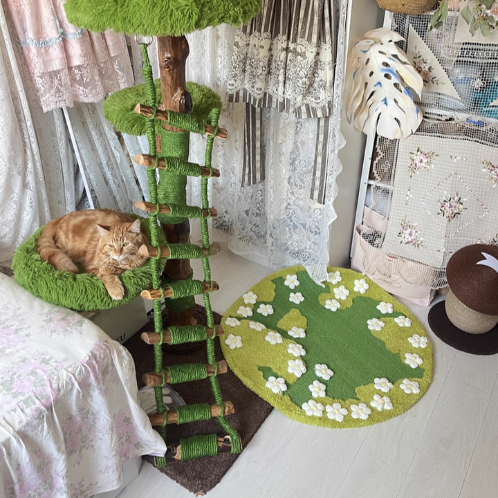 Arbre à chat contemporain créatif rond en panneau de particules en bois fruitier naturel, sisal et tissu velours, 4 niveaux pour salon 