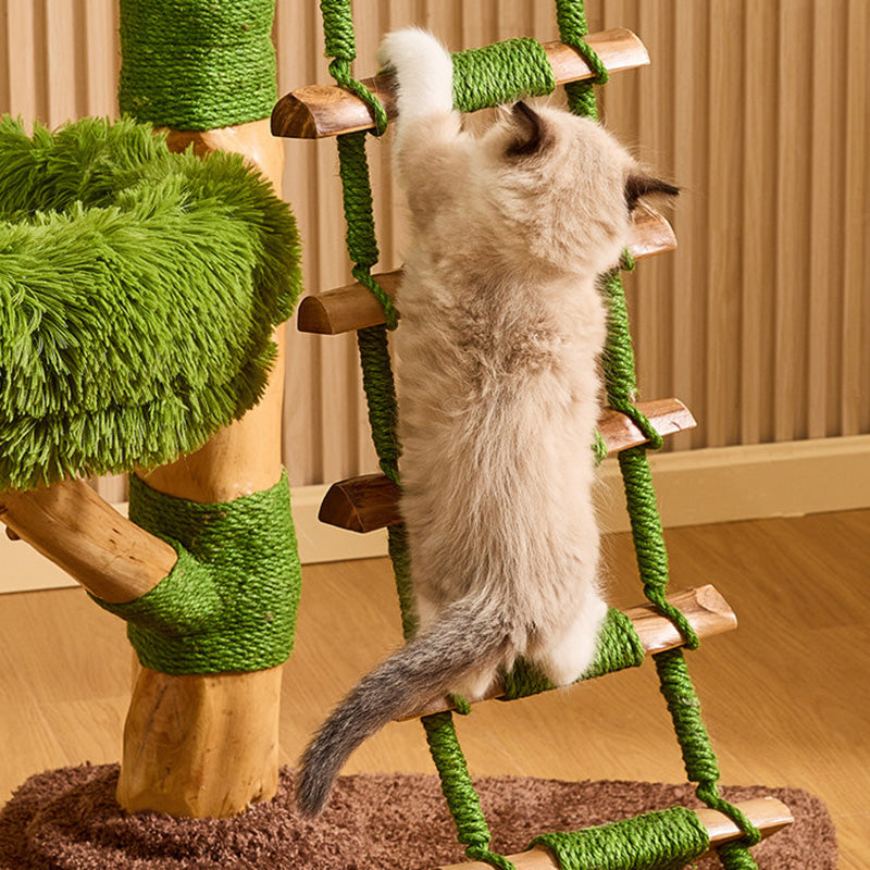 Arbre à chat contemporain créatif rond en panneau de particules en bois fruitier naturel, sisal et tissu velours, 4 niveaux pour salon 