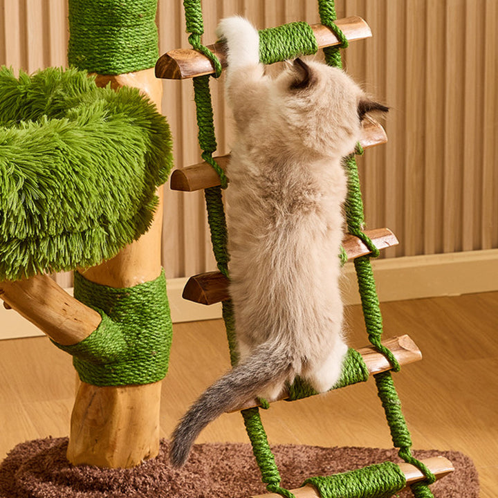 Arbre à chat contemporain créatif rond en panneau de particules en bois fruitier naturel, sisal et tissu velours, 4 niveaux pour salon 