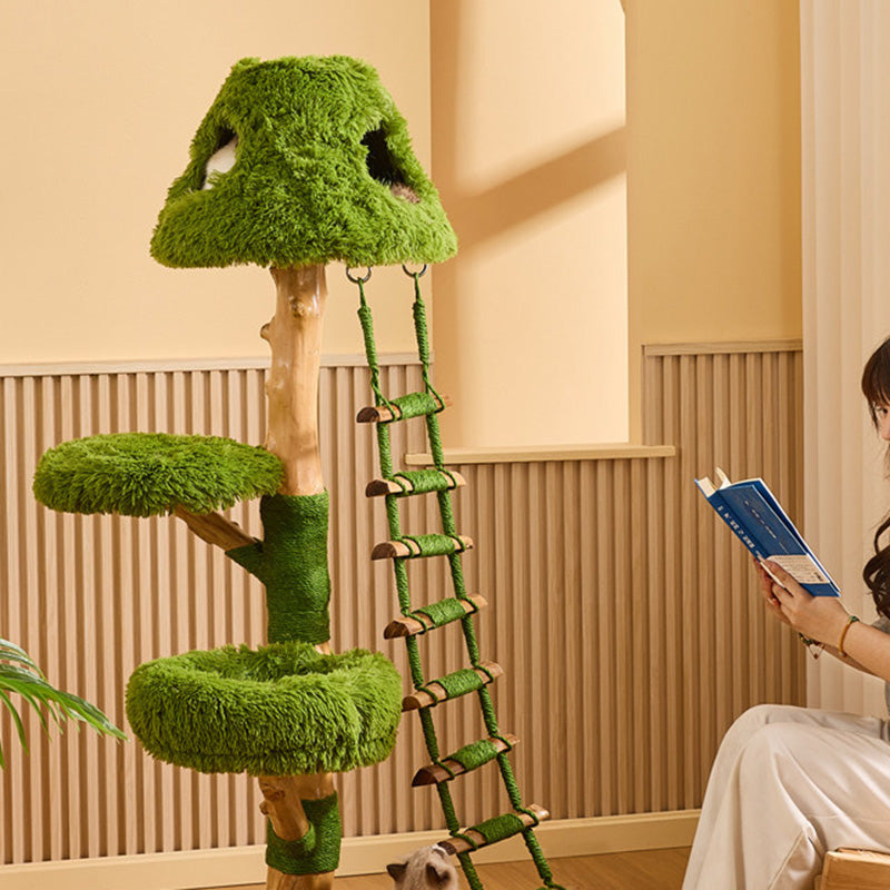 Arbre à chat contemporain créatif rond en panneau de particules en bois fruitier naturel, sisal et tissu velours, 4 niveaux pour salon 