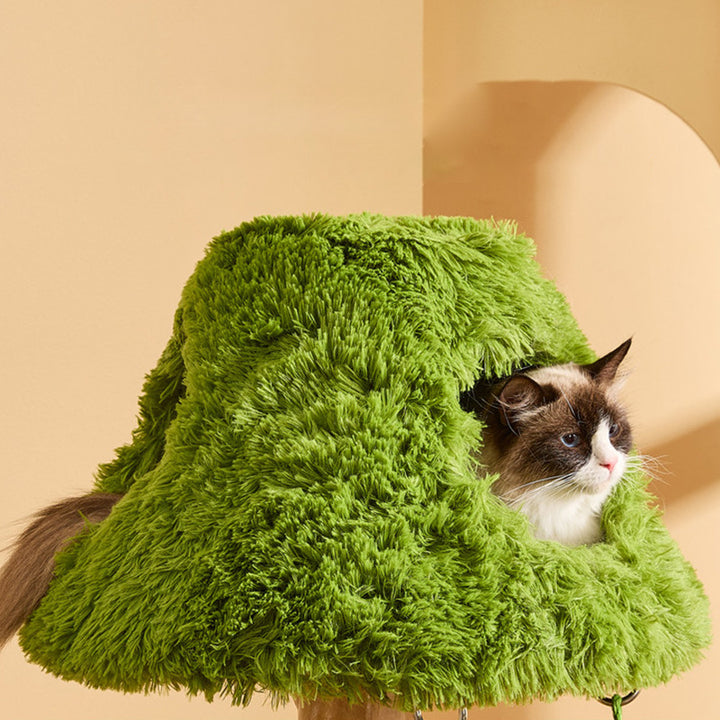 Arbre à chat contemporain créatif rond en panneau de particules en bois fruitier naturel, sisal et tissu velours, 4 niveaux pour salon 