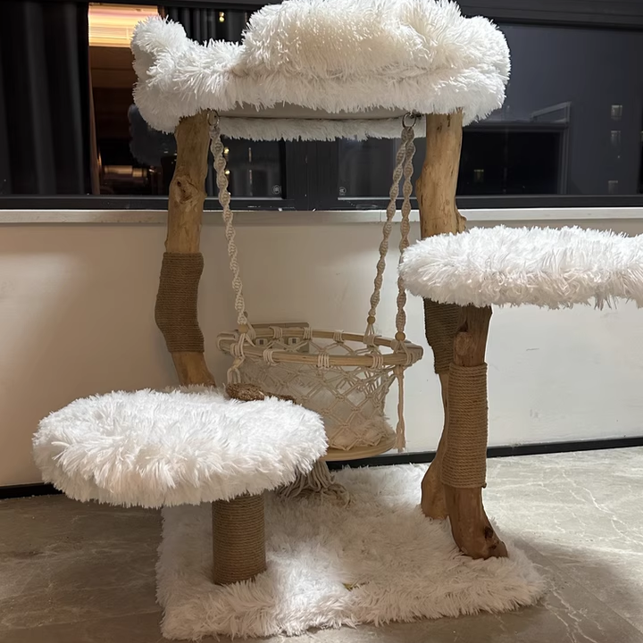 Arbre à chat contemporain scandinave rectangulaire en panneau de particules, bois fruitier naturel, corde de chanvre, tissu en velours, 3 niveaux pour salon 