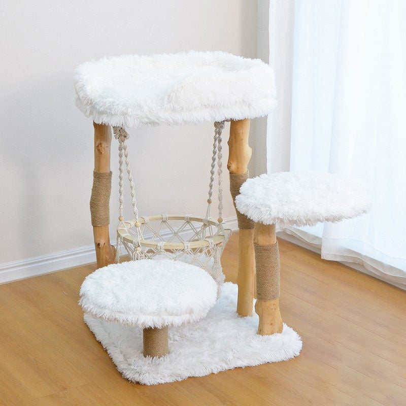 Arbre à chat contemporain scandinave rectangulaire en panneau de particules, bois fruitier naturel, corde de chanvre, tissu en velours, 3 niveaux pour salon 
