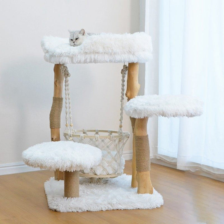 Arbre à chat contemporain scandinave rectangulaire en panneau de particules, bois fruitier naturel, corde de chanvre, tissu en velours, 3 niveaux pour salon 