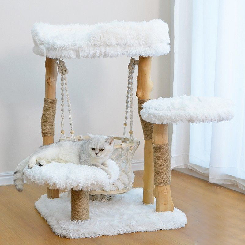 Arbre à chat contemporain scandinave rectangulaire en panneau de particules, bois fruitier naturel, corde de chanvre, tissu en velours, 3 niveaux pour salon 