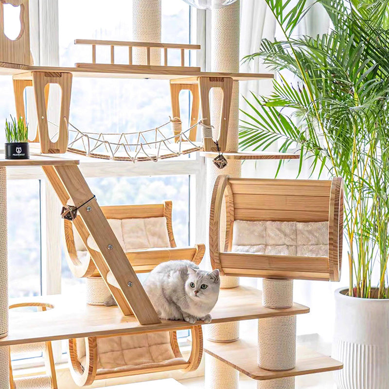 Contemporary Scandinavian Rectangular Solid Wood Panel Multi-Layer Solid Wood Panel Paper Tube Paper Rope Velvet Fabric Acrylic Large Cat Tree 6-Tier For Living Room