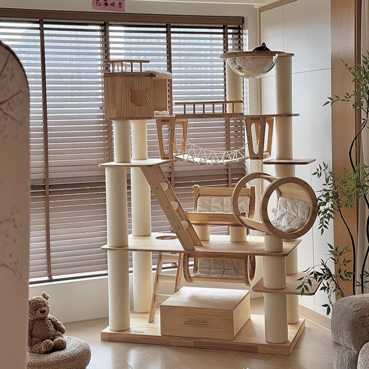 Contemporary Scandinavian Rectangular Solid Wood Panel Multi-Layer Solid Wood Panel Paper Tube Paper Rope Velvet Fabric Acrylic Large Cat Tree 6-Tier For Living Room