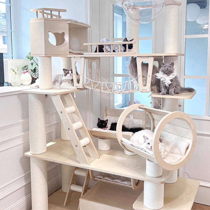 Contemporary Scandinavian Rectangular Solid Wood Panel Multi-Layer Solid Wood Panel Paper Tube Paper Rope Velvet Fabric Acrylic Large Cat Tree 6-Tier For Living Room