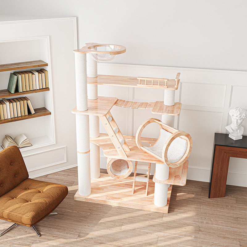 Contemporary Scandinavian Rectangular Solid Wood Panel Multi-Layer Solid Wood Panel Paper Tube Paper Rope Velvet Fabric Acrylic Large Cat Tree 6-Tier For Living Room