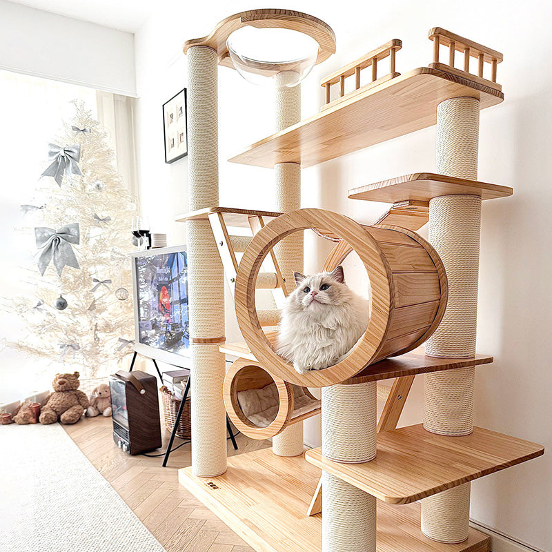 Contemporary Scandinavian Rectangular Solid Wood Panel Multi-Layer Solid Wood Panel Paper Tube Paper Rope Velvet Fabric Acrylic Large Cat Tree 6-Tier For Living Room