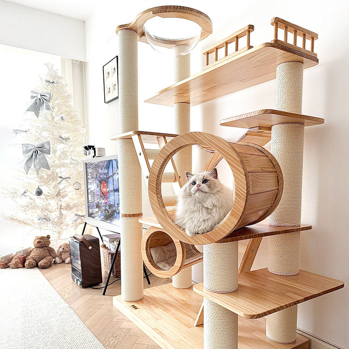 Contemporary Scandinavian Rectangular Solid Wood Panel Multi-Layer Solid Wood Panel Paper Tube Paper Rope Velvet Fabric Acrylic Large Cat Tree 6-Tier For Living Room