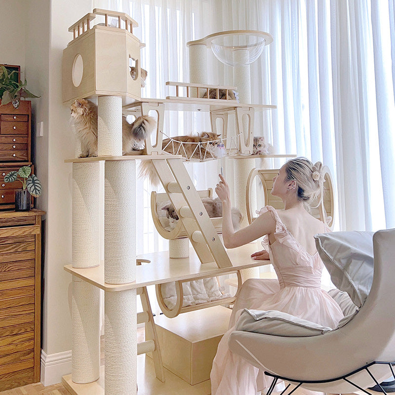 Contemporary Scandinavian Rectangular Solid Wood Panel Multi-Layer Solid Wood Panel Paper Tube Paper Rope Velvet Fabric Acrylic Large Cat Tree 6-Tier For Living Room