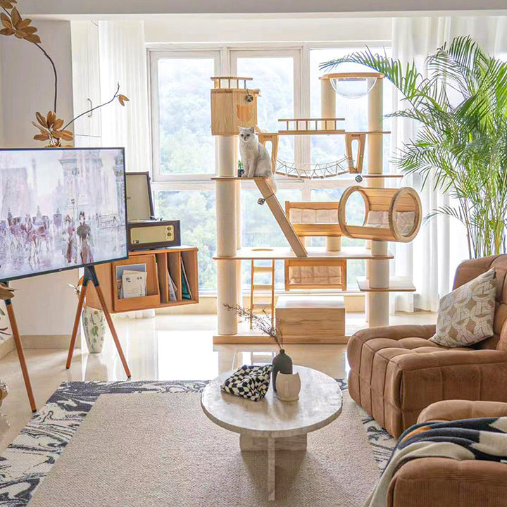 Contemporary Scandinavian Rectangular Solid Wood Panel Multi-Layer Solid Wood Panel Paper Tube Paper Rope Velvet Fabric Acrylic Large Cat Tree 6-Tier For Living Room