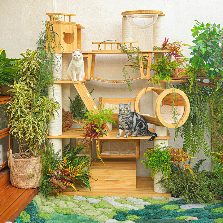 Contemporary Scandinavian Rectangular Solid Wood Panel Multi-Layer Solid Wood Panel Paper Tube Paper Rope Velvet Fabric Acrylic Large Cat Tree 6-Tier For Living Room