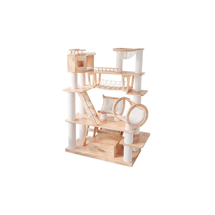 Contemporary Scandinavian Rectangular Solid Wood Panel Multi-Layer Solid Wood Panel Paper Tube Paper Rope Velvet Fabric Acrylic Large Cat Tree 6-Tier For Living Room