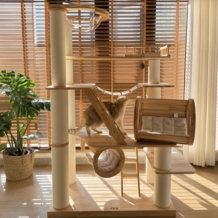 Contemporary Scandinavian Rectangular Solid Wood Panel Multi-Layer Solid Wood Panel Paper Tube Paper Rope Velvet Fabric Acrylic Large Cat Tree 6-Tier For Living Room