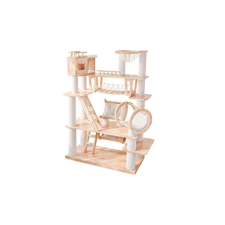Contemporary Scandinavian Rectangular Solid Wood Panel Multi-Layer Solid Wood Panel Paper Tube Paper Rope Velvet Fabric Acrylic Large Cat Tree 6-Tier For Living Room