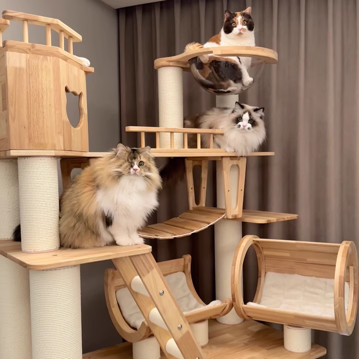 Contemporary Scandinavian Rectangular Solid Wood Panel Multi-Layer Solid Wood Panel Paper Tube Paper Rope Velvet Fabric Acrylic Large Cat Tree 6-Tier For Living Room