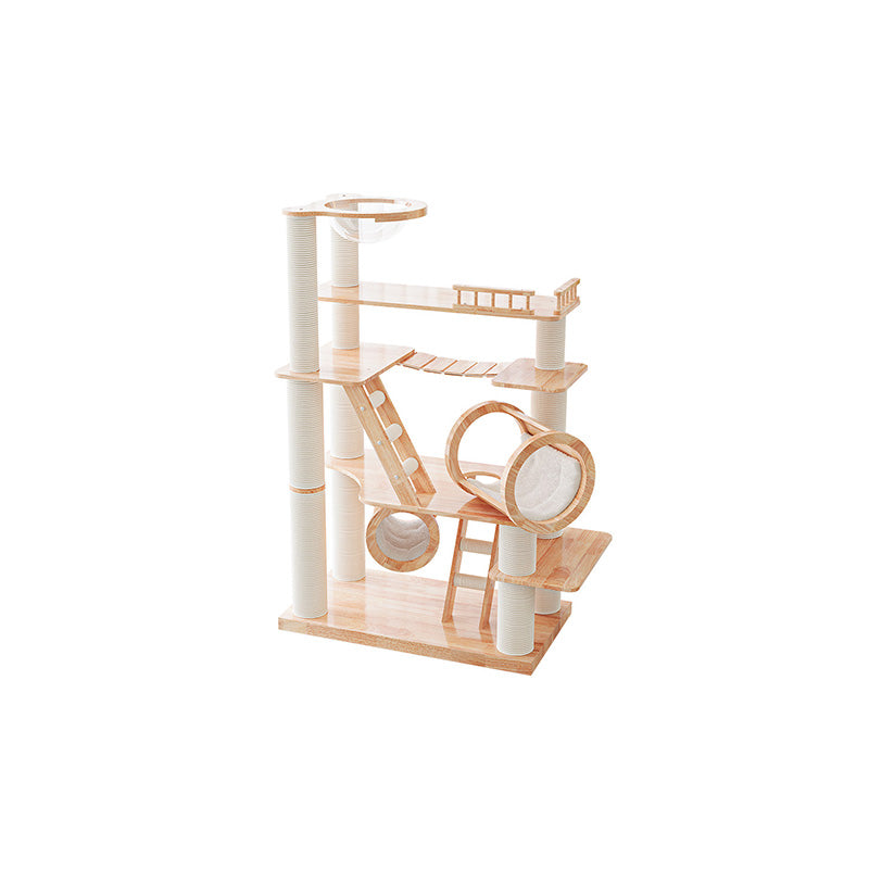 Contemporary Scandinavian Rectangular Solid Wood Panel Multi-Layer Solid Wood Panel Paper Tube Paper Rope Velvet Fabric Acrylic Large Cat Tree 6-Tier For Living Room