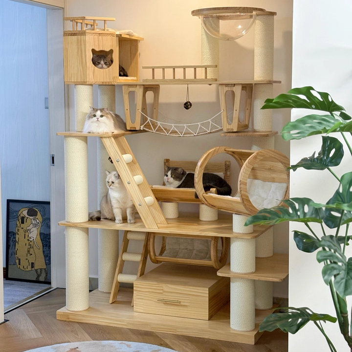 Contemporary Scandinavian Rectangular Solid Wood Panel Multi-Layer Solid Wood Panel Paper Tube Paper Rope Velvet Fabric Acrylic Large Cat Tree 6-Tier For Living Room