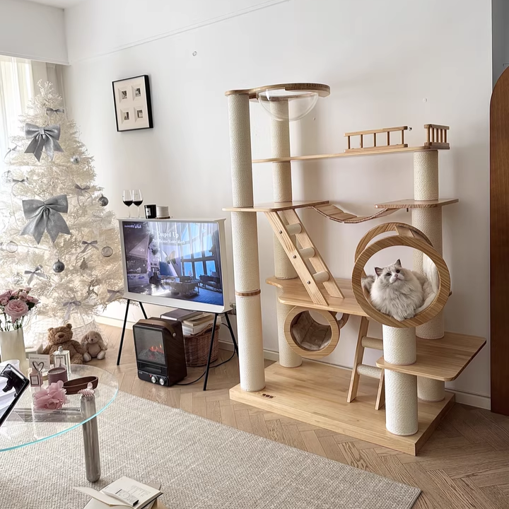 Contemporary Scandinavian Rectangular Solid Wood Panel Multi-Layer Solid Wood Panel Paper Tube Paper Rope Velvet Fabric Acrylic Large Cat Tree 6-Tier For Living Room
