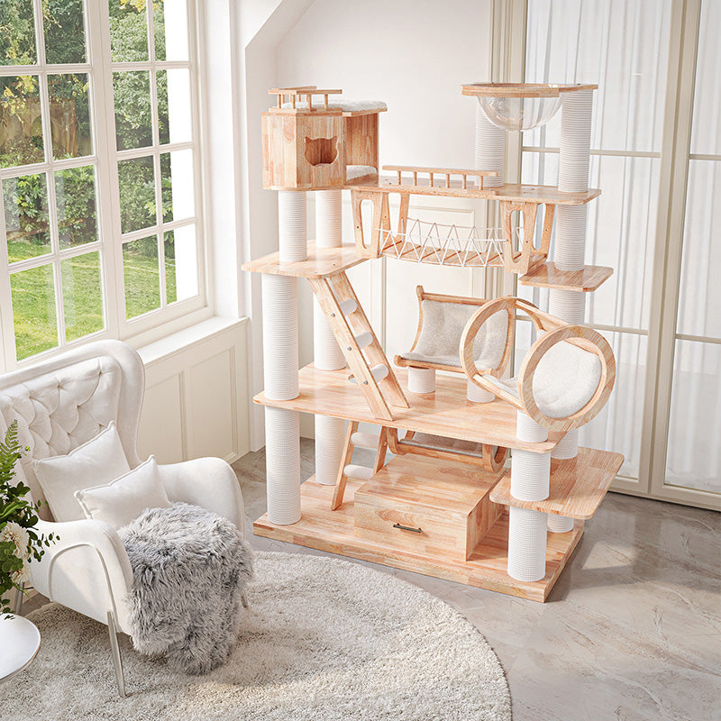 Contemporary Scandinavian Rectangular Solid Wood Panel Multi-Layer Solid Wood Panel Paper Tube Paper Rope Velvet Fabric Acrylic Large Cat Tree 6-Tier For Living Room