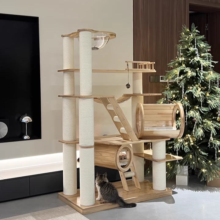 Contemporary Scandinavian Rectangular Solid Wood Panel Multi-Layer Solid Wood Panel Paper Tube Paper Rope Velvet Fabric Acrylic Large Cat Tree 6-Tier For Living Room