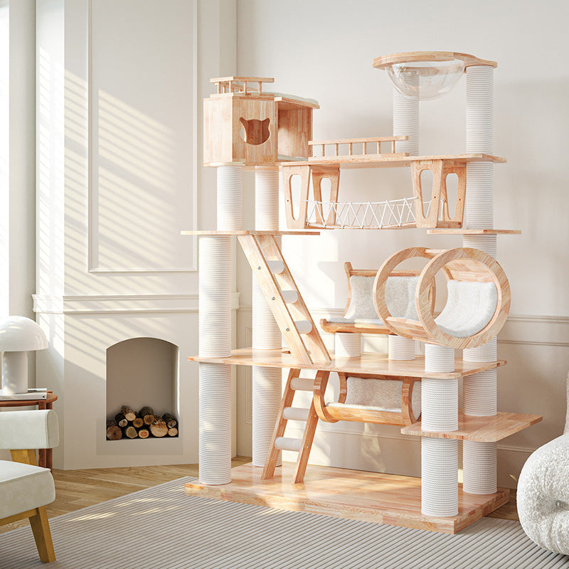 Contemporary Scandinavian Rectangular Solid Wood Panel Multi-Layer Solid Wood Panel Paper Tube Paper Rope Velvet Fabric Acrylic Large Cat Tree 6-Tier For Living Room