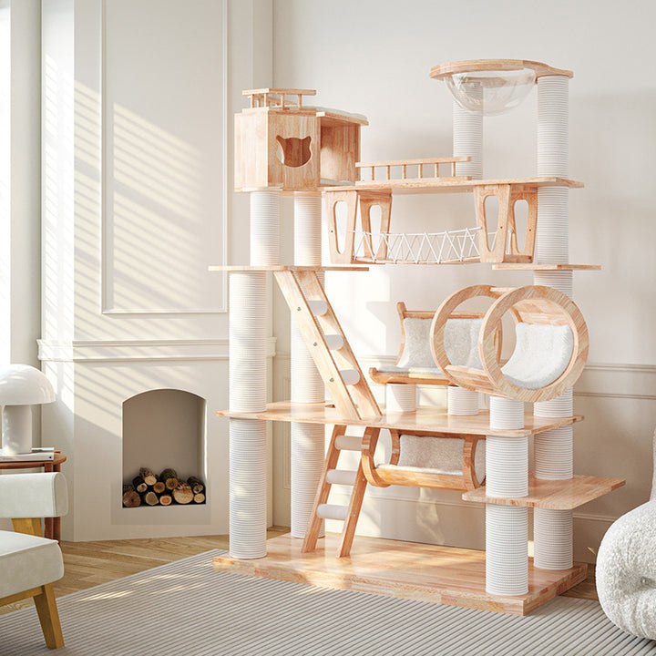 Contemporary Scandinavian Rectangular Solid Wood Panel Multi-Layer Solid Wood Panel Paper Tube Paper Rope Velvet Fabric Acrylic Large Cat Tree 6-Tier For Living Room