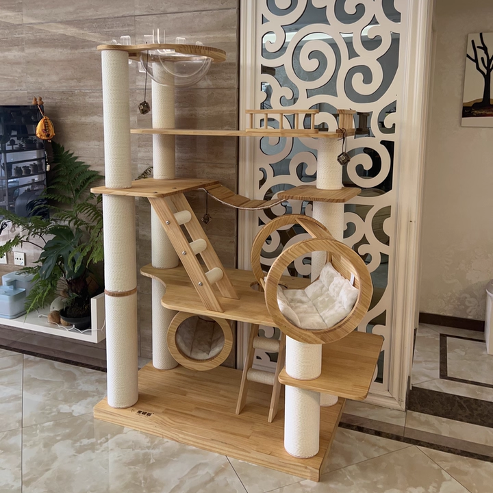Contemporary Scandinavian Rectangular Solid Wood Panel Multi-Layer Solid Wood Panel Paper Tube Paper Rope Velvet Fabric Acrylic Large Cat Tree 6-Tier For Living Room