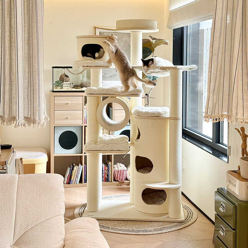 Arbre à chat contemporain scandinave rond à plusieurs niveaux en panneau de bois massif, panneau de fibres, corde en papier, tube en papier, velours côtelé, 7 niveaux pour salon 