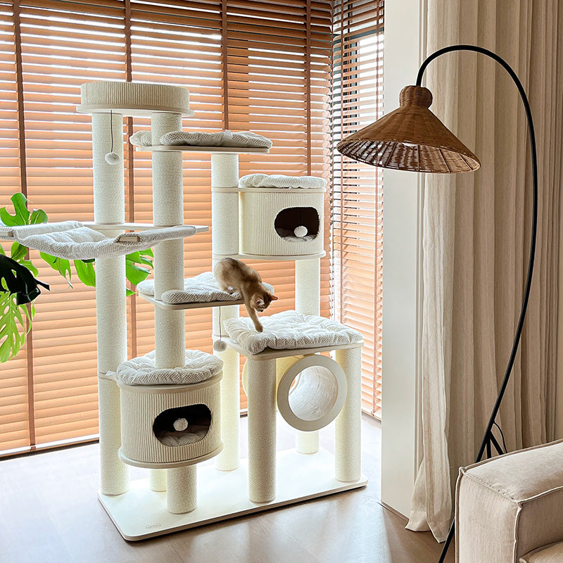 Arbre à chat contemporain scandinave rond à plusieurs niveaux en panneau de bois massif, panneau de fibres, corde en papier, tube en papier, velours côtelé, 7 niveaux pour salon 