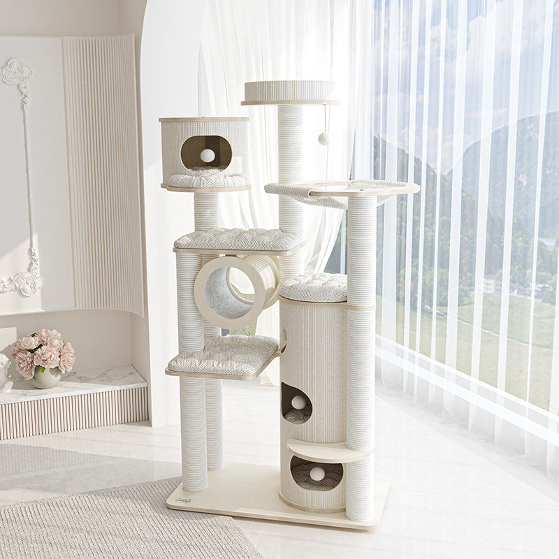 Arbre à chat contemporain scandinave rond à plusieurs niveaux en panneau de bois massif, panneau de fibres, corde en papier, tube en papier, velours côtelé, 7 niveaux pour salon 