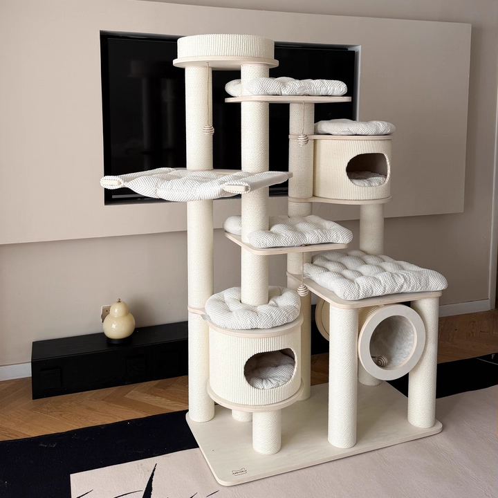 Arbre à chat contemporain scandinave rond à plusieurs niveaux en panneau de bois massif, panneau de fibres, corde en papier, tube en papier, velours côtelé, 7 niveaux pour salon 