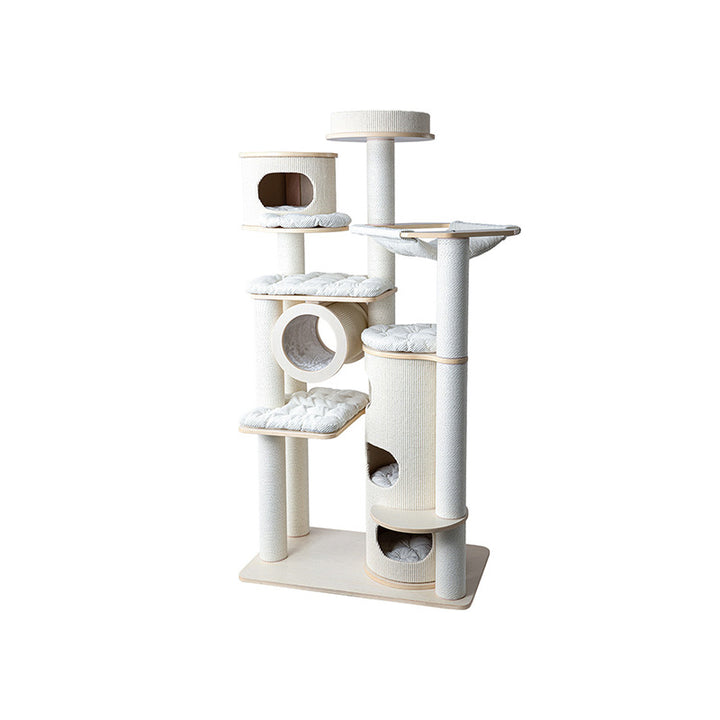 Arbre à chat contemporain scandinave rond à plusieurs niveaux en panneau de bois massif, panneau de fibres, corde en papier, tube en papier, velours côtelé, 7 niveaux pour salon 