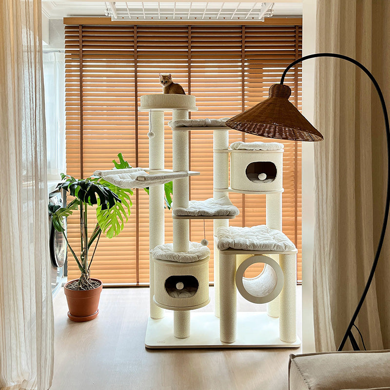 Arbre à chat contemporain scandinave rond à plusieurs niveaux en panneau de bois massif, panneau de fibres, corde en papier, tube en papier, velours côtelé, 7 niveaux pour salon 