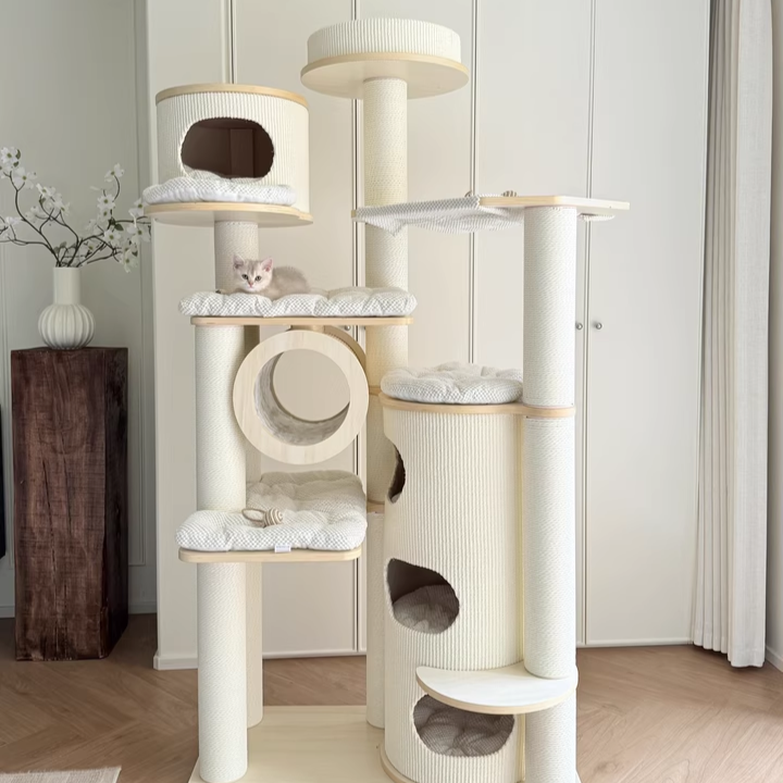 Arbre à chat contemporain scandinave rond à plusieurs niveaux en panneau de bois massif, panneau de fibres, corde en papier, tube en papier, velours côtelé, 7 niveaux pour salon 