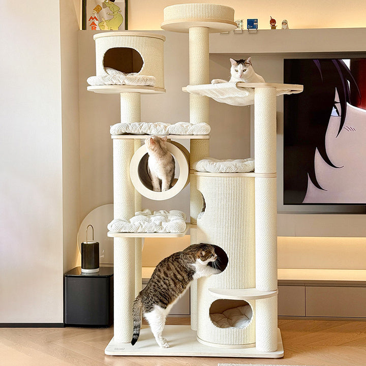 Arbre à chat contemporain scandinave rond à plusieurs niveaux en panneau de bois massif, panneau de fibres, corde en papier, tube en papier, velours côtelé, 7 niveaux pour salon 