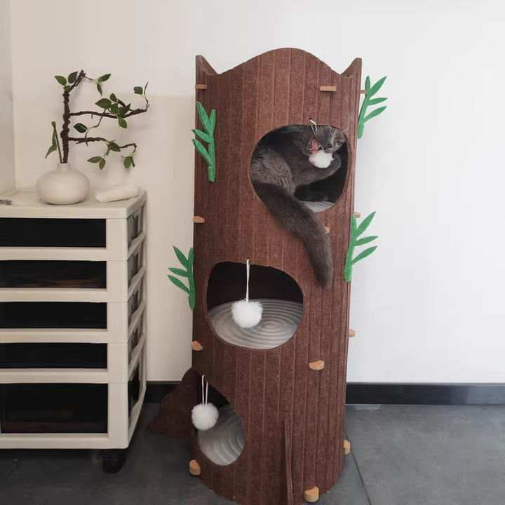 Contemporary Creative Round Medium-Density Fiberboard Felt Tree Stump Cat Tree 2/3-Tier For Living Room