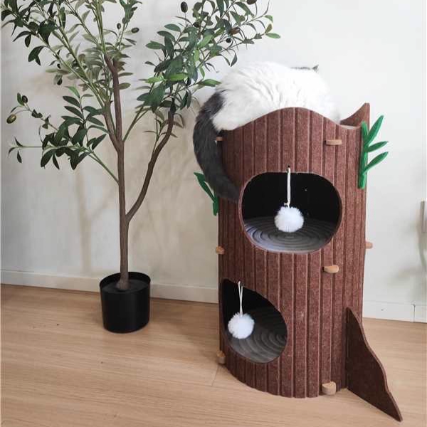 Contemporary Creative Round Medium-Density Fiberboard Felt Tree Stump Cat Tree 2/3-Tier For Living Room